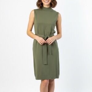 MAGASCHONI Women Large Olive‎ Green Sleeveless High Mock Neck Knit Midi Dress